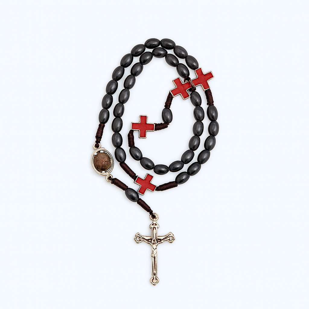 Hematite Rosary with Red Crosses + Holy Land Soil
