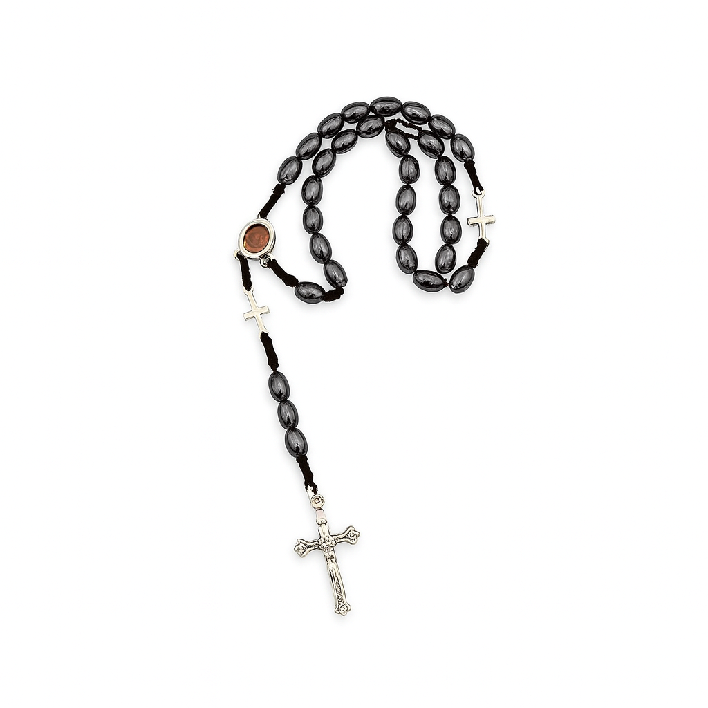 Hematite Rosary with Silver Cross Accents + Holy Land Soil