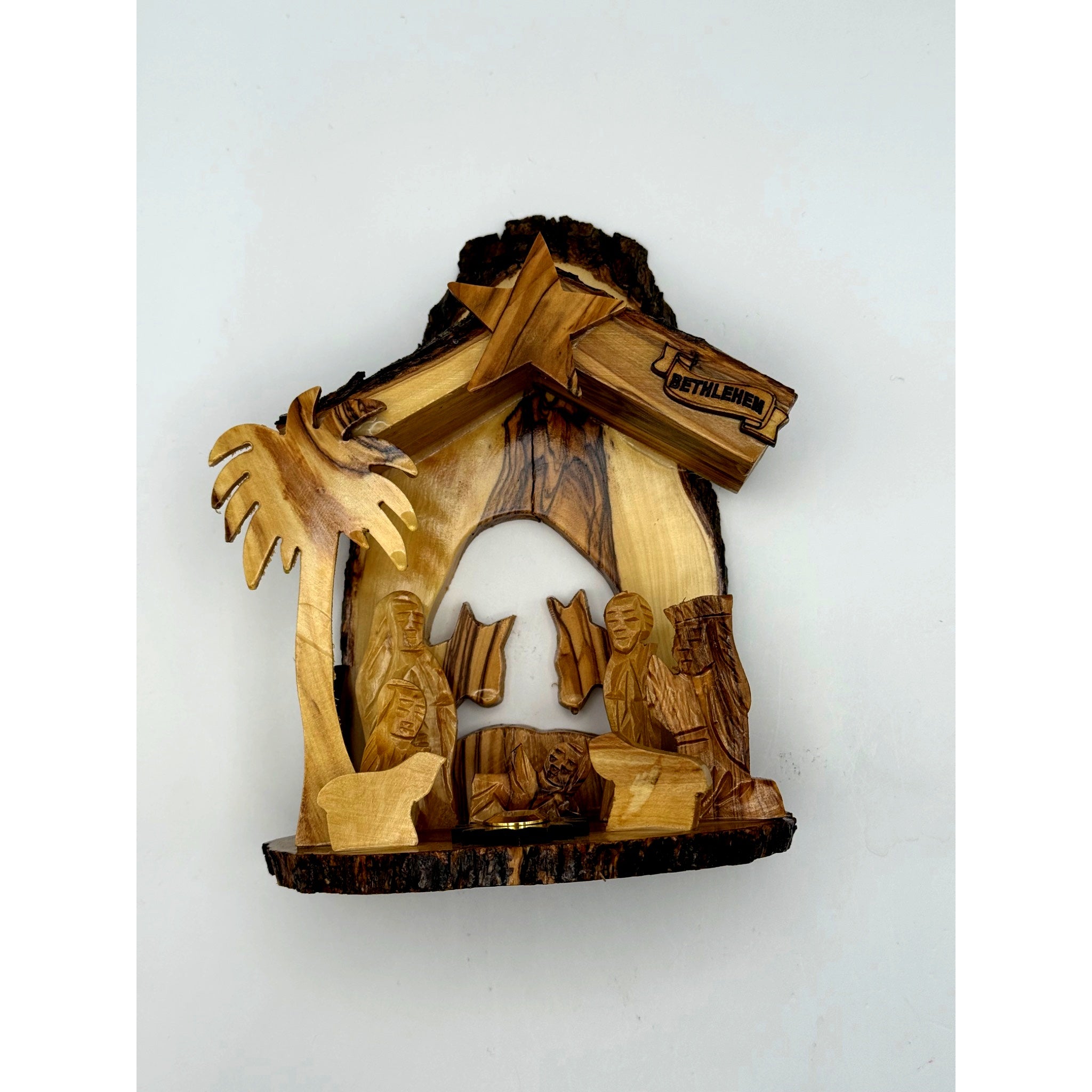 Rustic Live-Edge Olive Wood Nativity – Natural Bark Finish