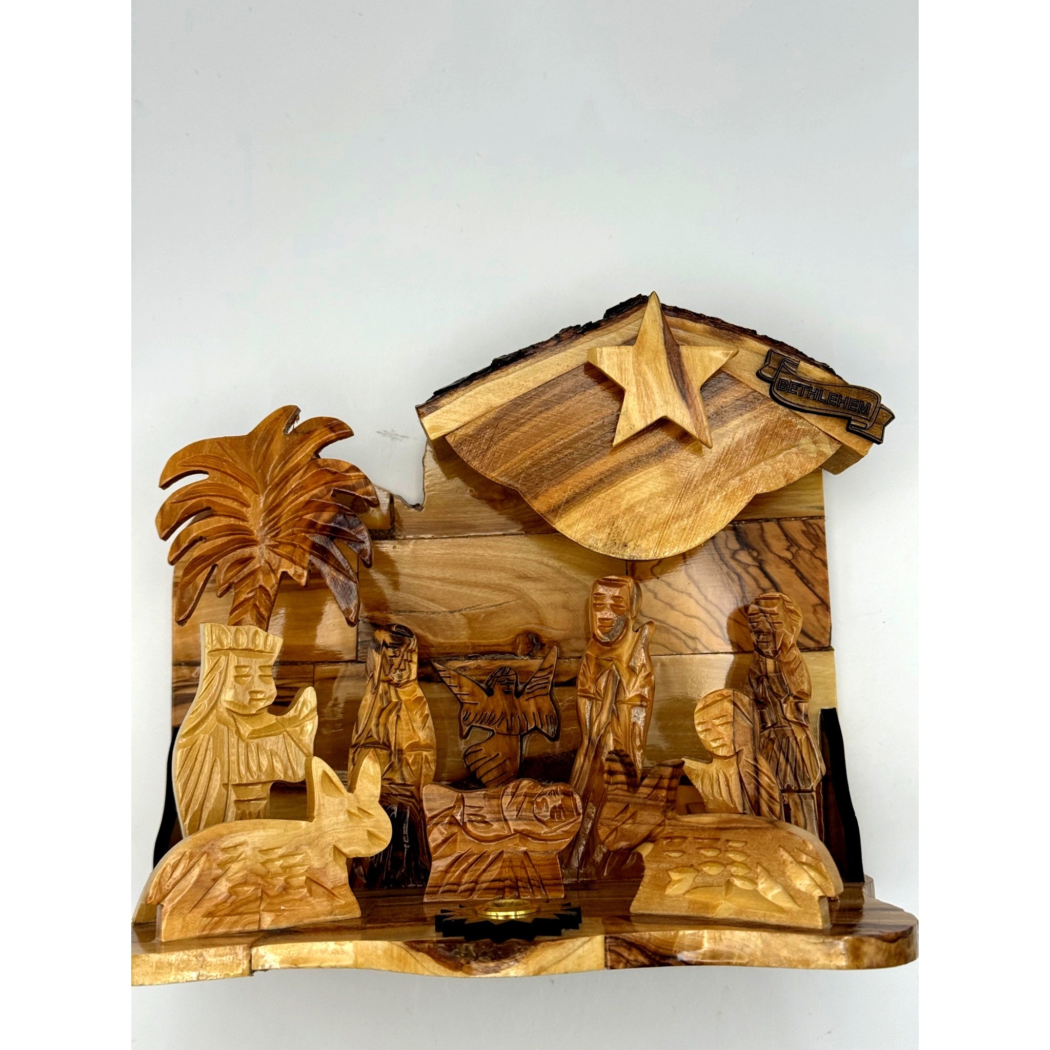 Olive Wood Nativity Scene with Bethlehem Star & Palm Tree