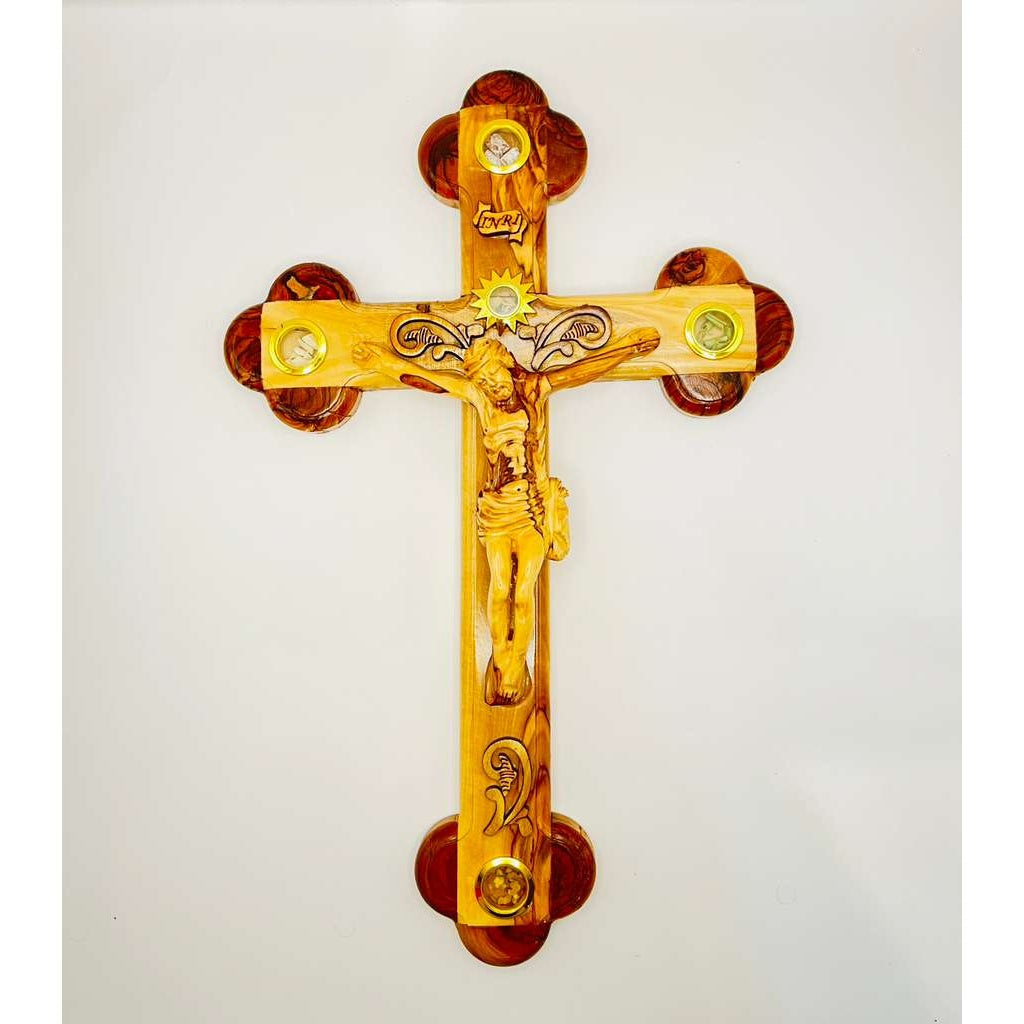 Olive Wood Wall Crucifix with Five Holy Land Relics – Bloom Edge Design