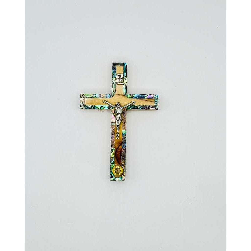 Small Olive Wood Crucifix with River Jordan Shell + One Relic