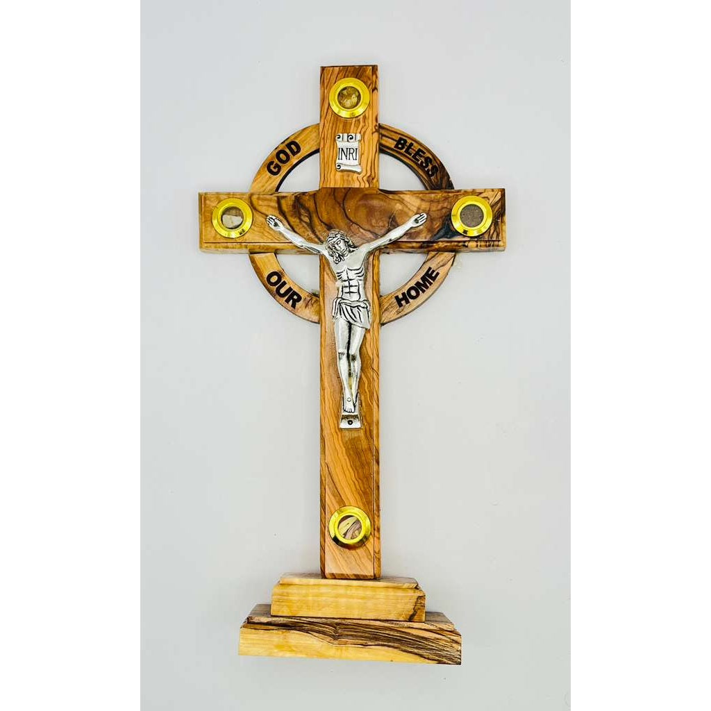 Olive Wood Standing Crucifix with Holy Land Relics – God Bless Our Home Edition
