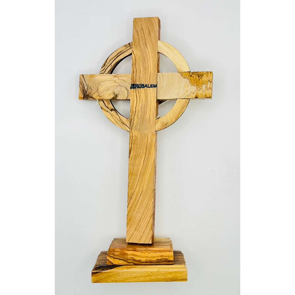 Olive Wood Standing Crucifix with Holy Land Relics – God Bless Our Home Edition