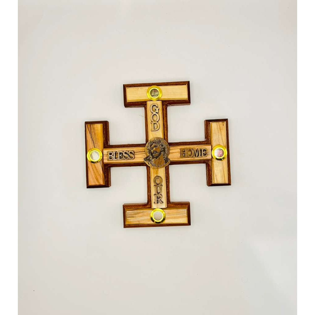 Olive Wood “God Bless Our Home” Jerusalem Cross with Holy Land Relics