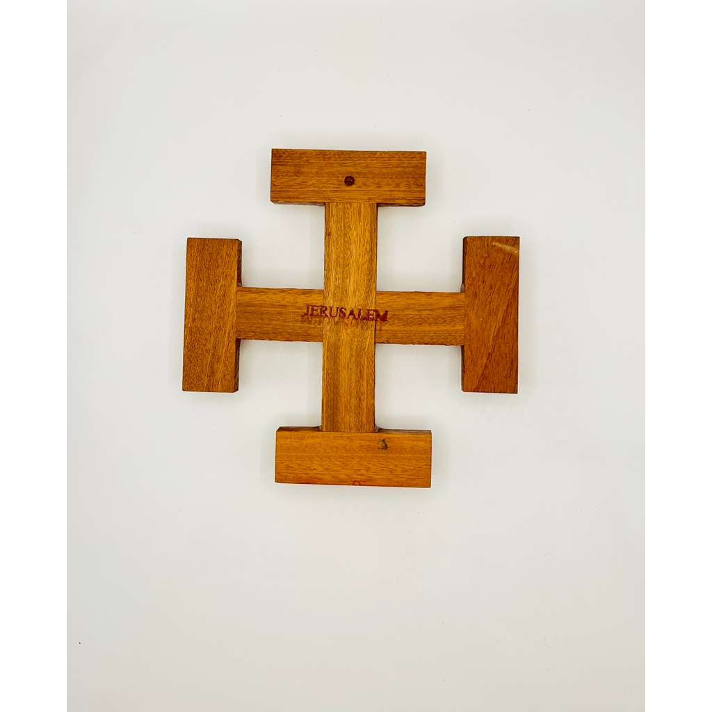 Olive Wood “God Bless Our Home” Jerusalem Cross with Holy Land Relics