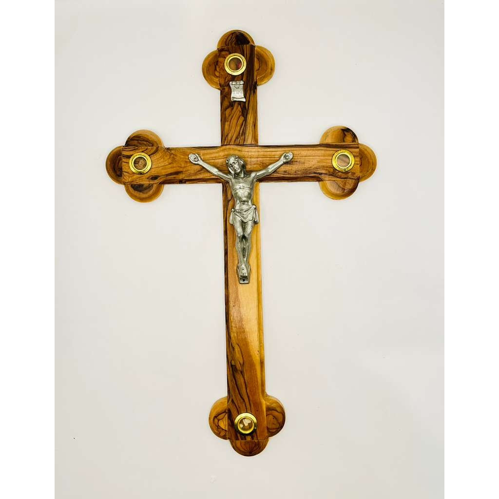 Olive Wood Crucifix with Metal Corpus & Relics