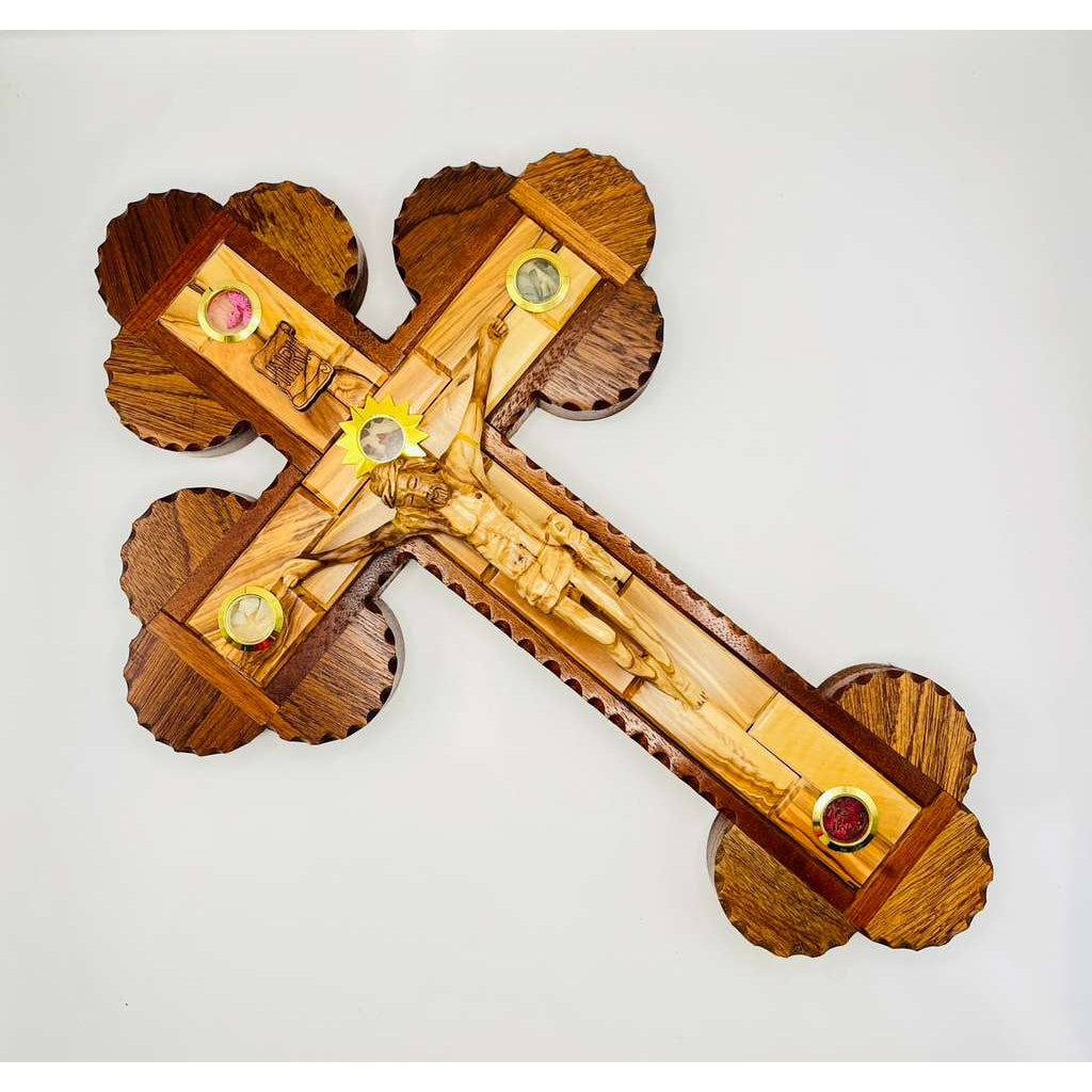 Olive Wood Wall Crucifix with Four Holy Land Relics – Deep Grain Edition