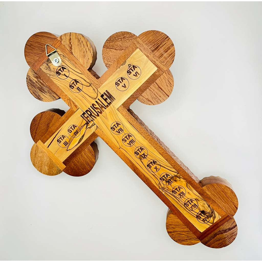 Olive Wood Wall Crucifix with Four Holy Land Relics – Deep Grain Edition