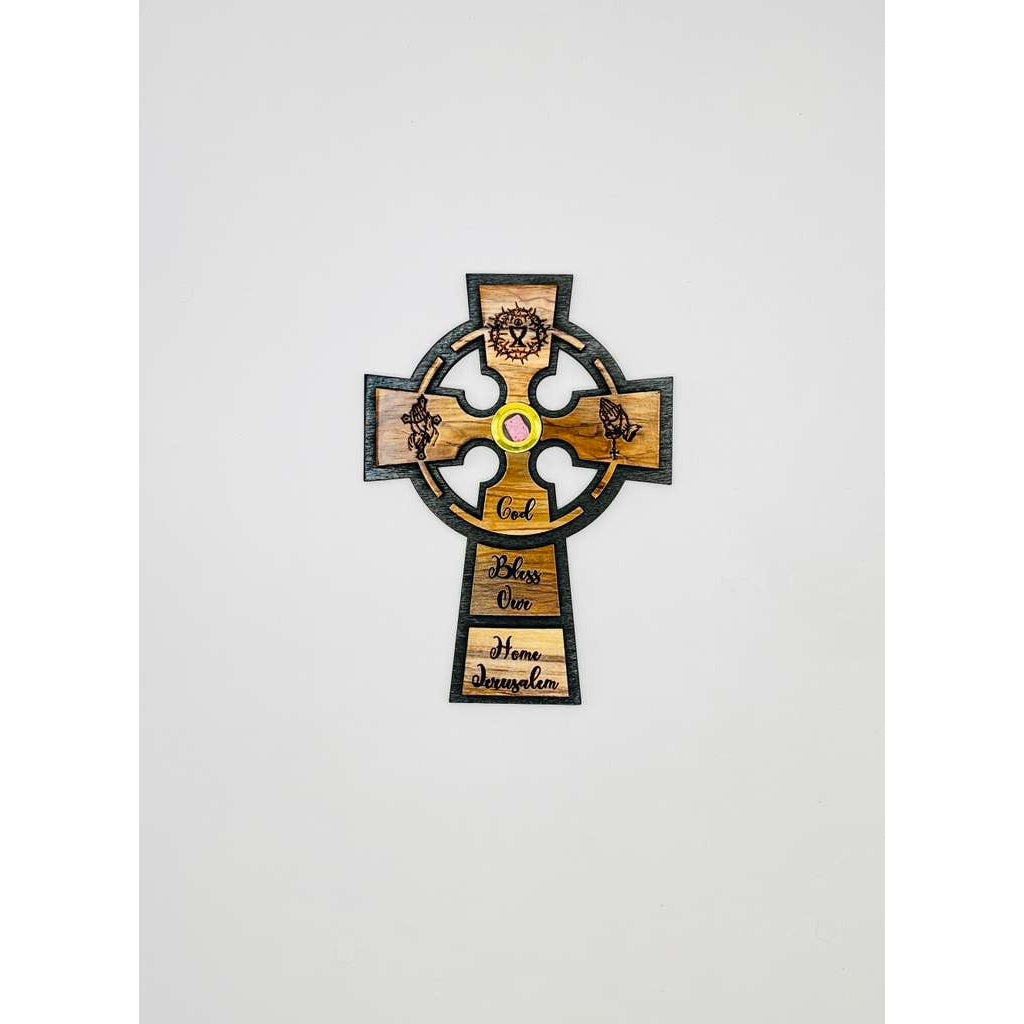 Celtic Olive Wood Wall Cross – “God Bless Our Home Jerusalem”