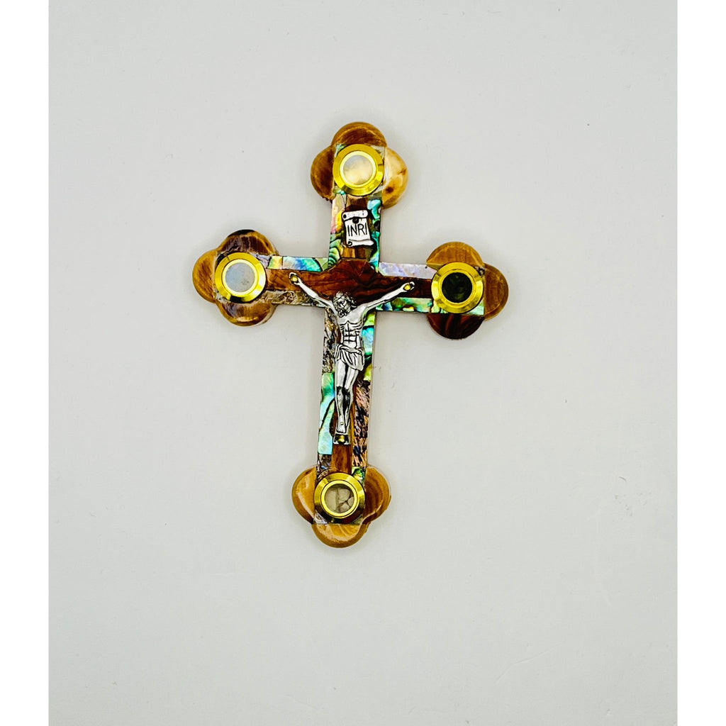 Olive Wood Crucifix with Sea Shell Border & Holy Land Relics