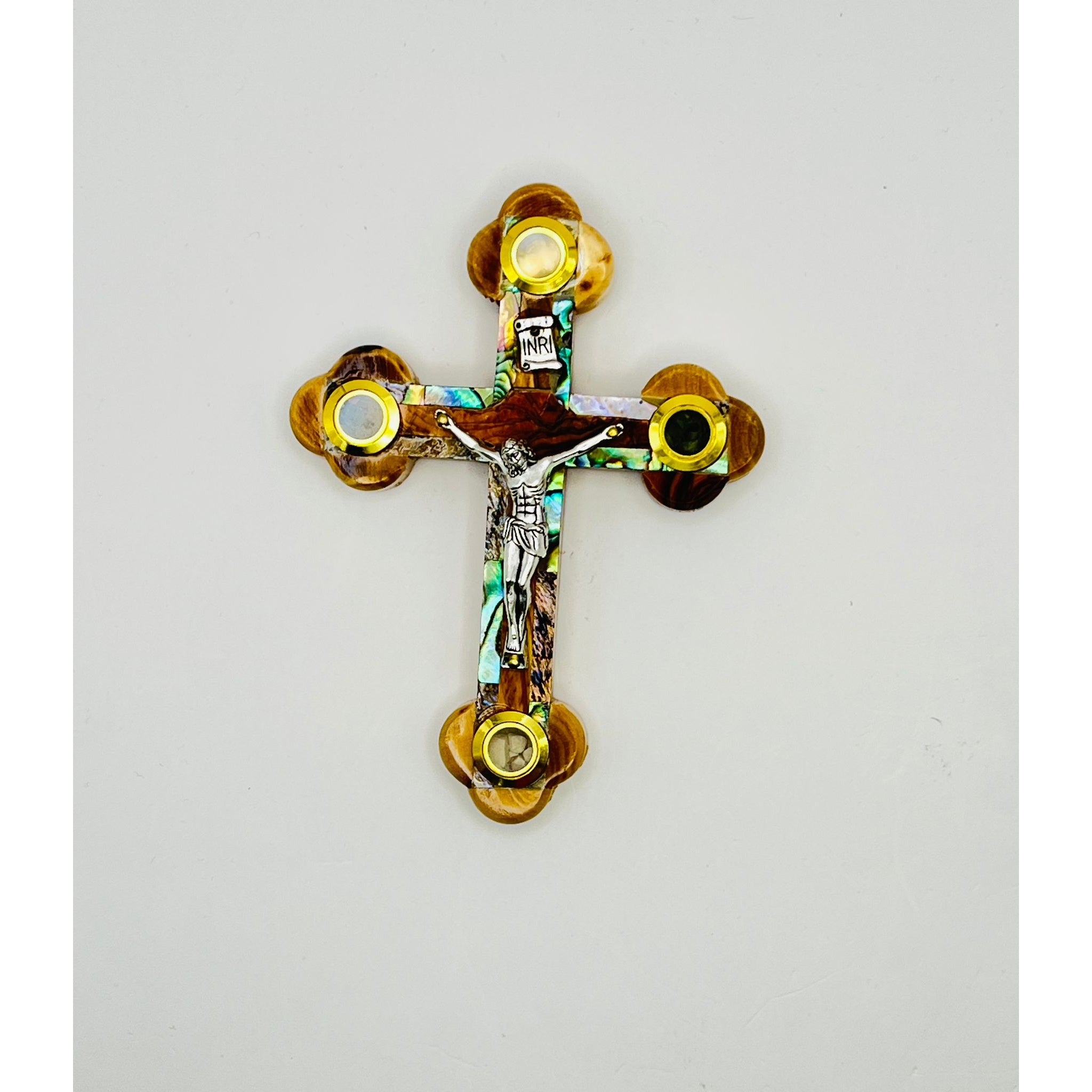 Olive Wood Crucifix with Sea Shell Border & Holy Land Relics