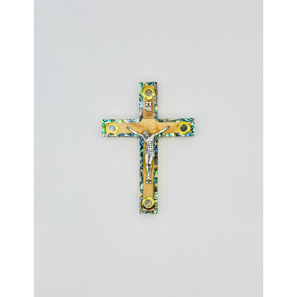 Olive Wood Crucifix with River Jordan Shell Inlay + Relics