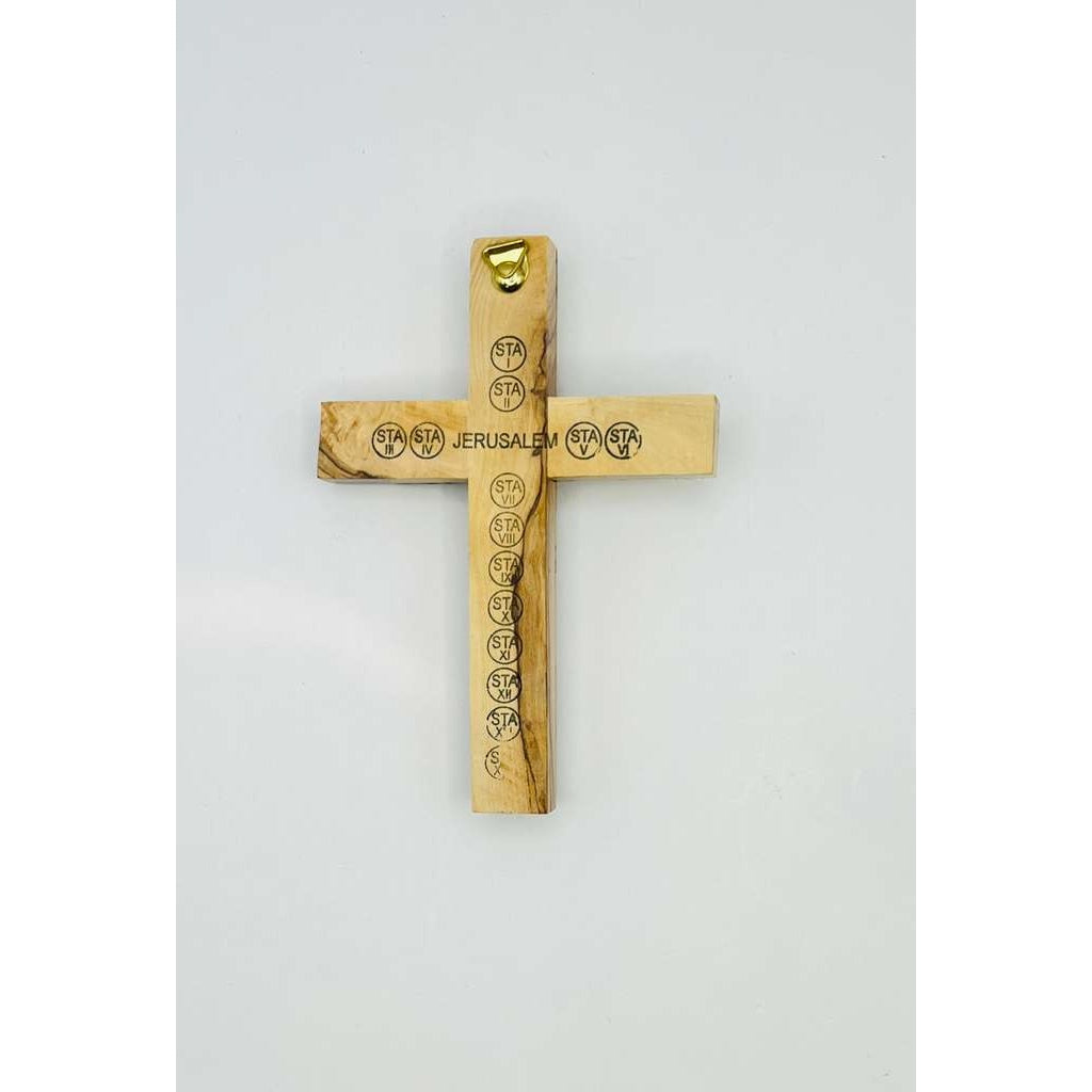 Olive Wood Crucifix with River Jordan Shell Inlay + Relics