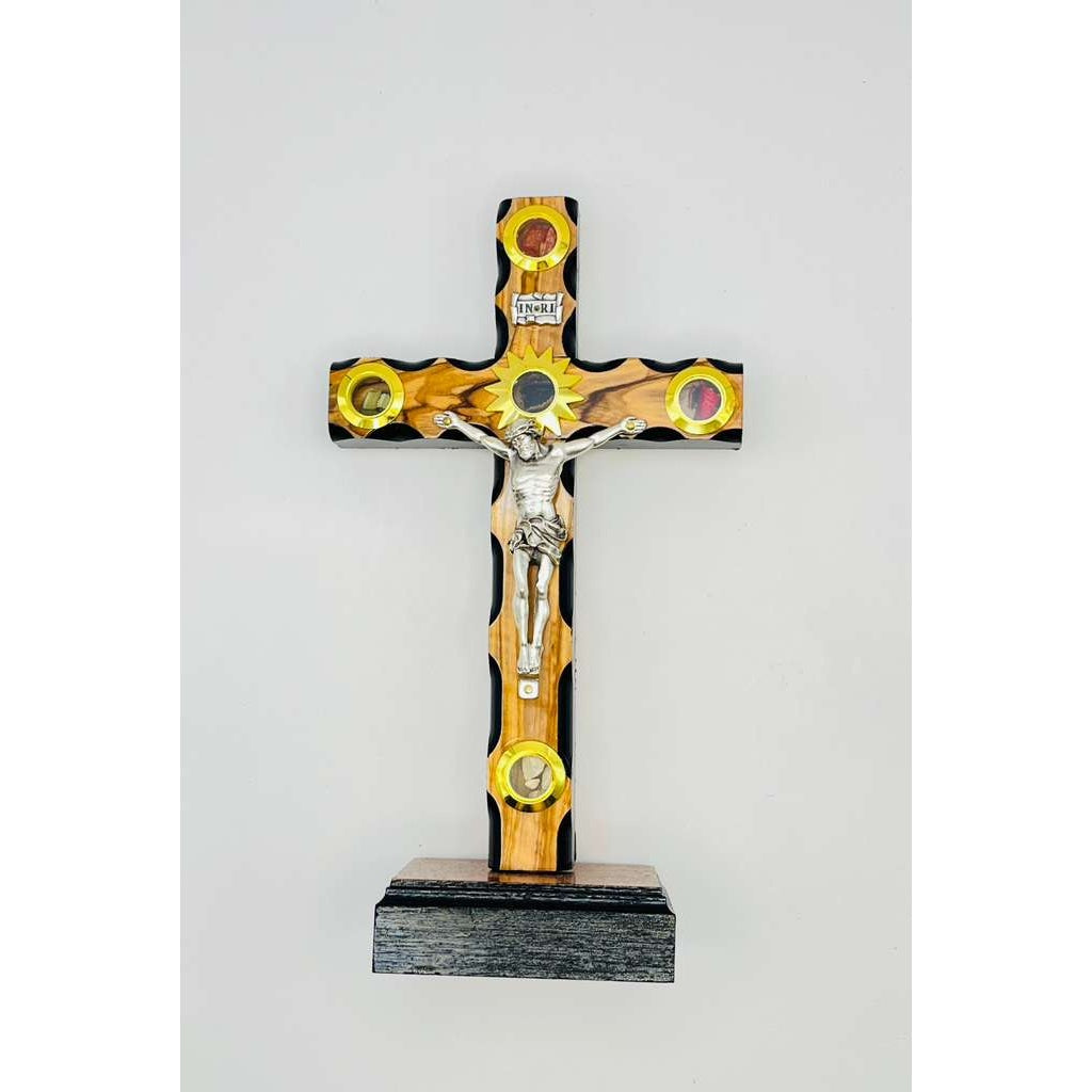 Olive Wood Standing Crucifix with Four Holy Land Relics – Black Trim Edition