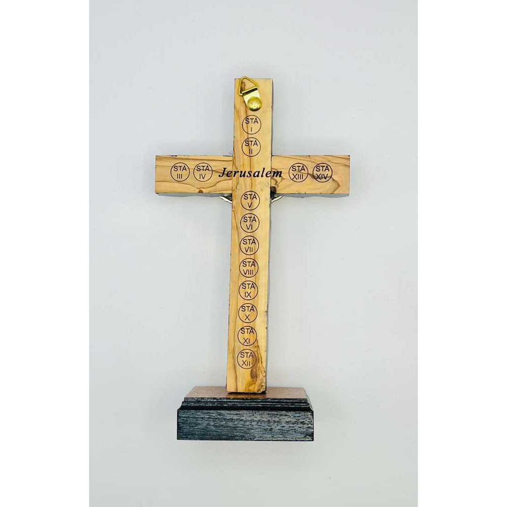 Olive Wood Standing Crucifix with Four Holy Land Relics – Black Trim Edition