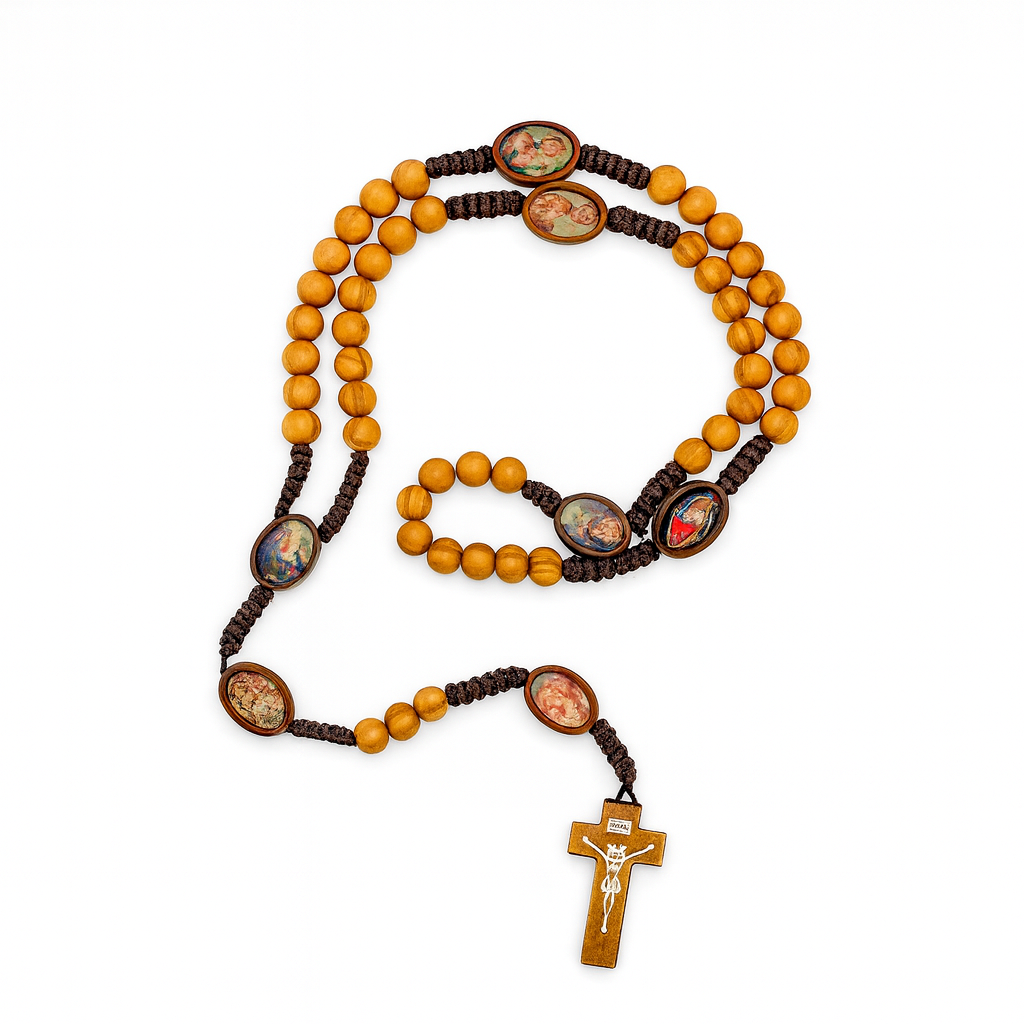 Olive Wood Rosary with 5 Mystery Icons – Handcrafted Holy Land Design